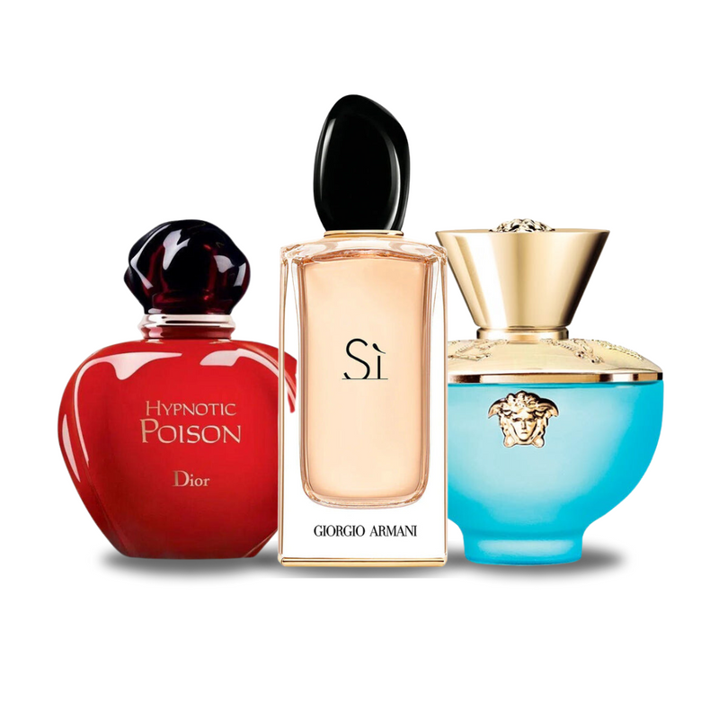 Promocyjny pakiet 3 perfum: Dior HYPNOTIC POISON, Giorgio Armani SÌ i Versace DYLAN TURQUOISE 100 ml.