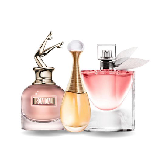 Promocyjny pakiet 3 perfum: Jean Paul Gaultier SCANDAL, Dior J'ADORE i Lancôme LA VIE EST BELLE 100 ml.