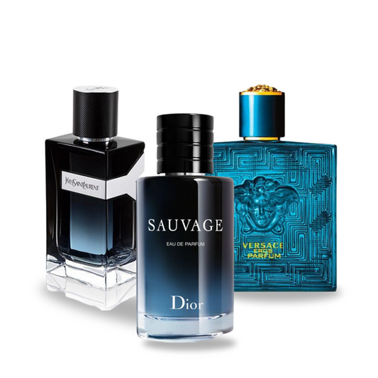 Promocyjny pakiet 3 perfum: Dior SAUVAGE, Yves Saint Laurent Y MEN i Versace EROS 100 ml.