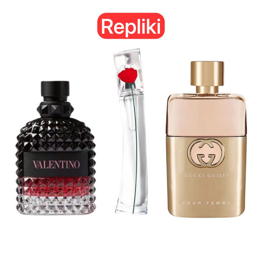 ZESTAW PERFUM TYPU ZAMIENNIK (NIEORYGINALNE REPLIKI) Inspirowane perfumami: Zestaw 3 perfumy 3 Gucci Guilt, Valentini Intense, Flower Kenzo 100ml